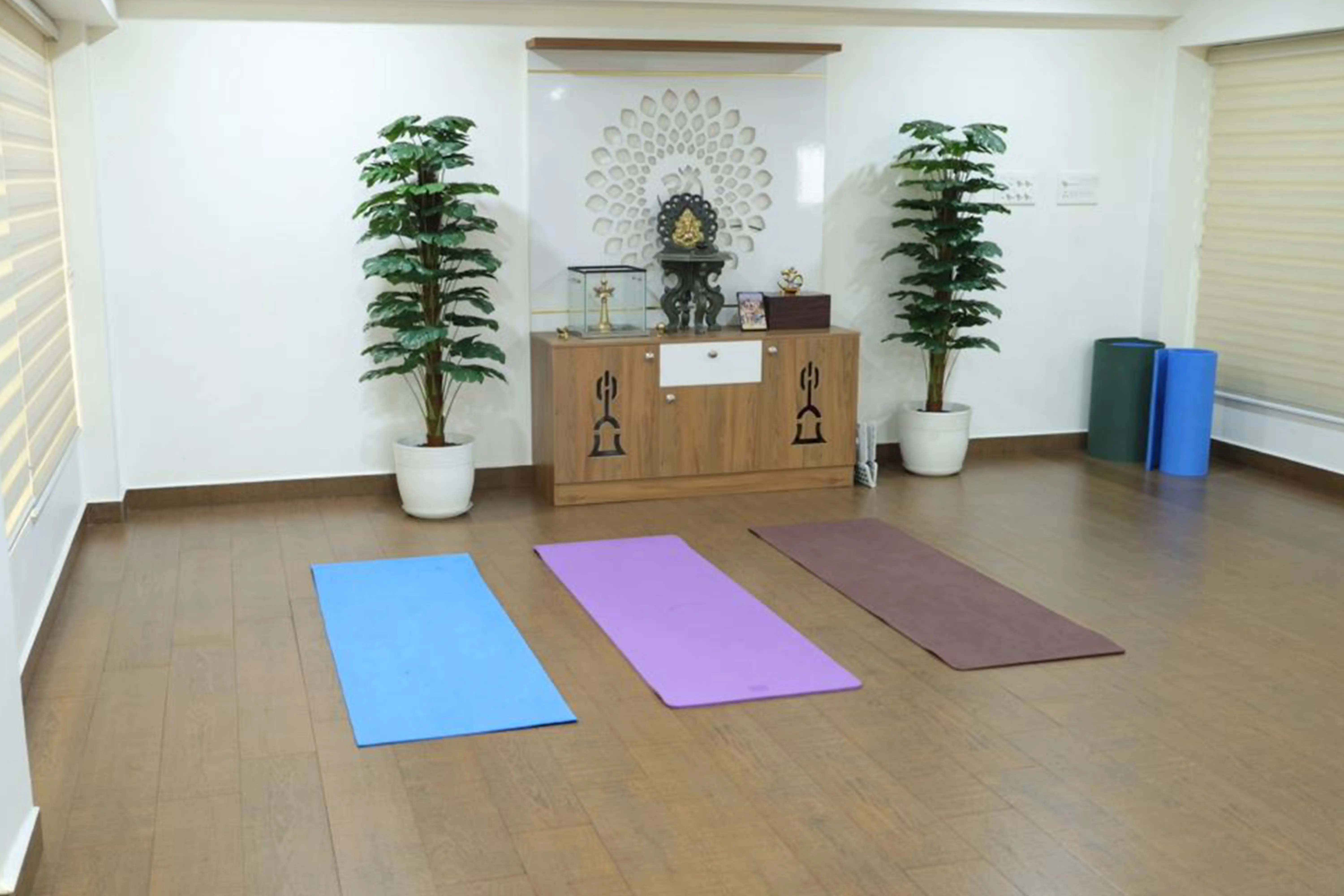 Bright yoga hall at Chaithanyam with experienced instructor